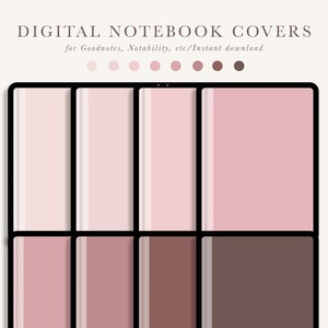May include: Digital notebook covers in various shades of pink and brown, arranged in a grid. The covers are designed for Goodnotes, Notability, and other digital note-taking apps. The text "DIGITAL NOTEBOOK COVERS" is at the top.