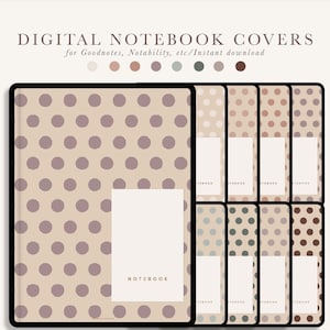 May include: Set of 8 digital notebook covers with a polka dot pattern in various colours. The covers feature a simple design with the word "NOTEBOOK" in the centre.