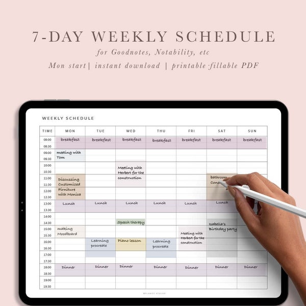 Weekly schedule pages for ipad or tablet | Weekly Planner | Time Blocking Templates | Instant download | US letter | Fillable PDF |Printable