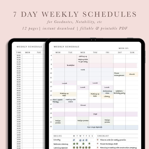 Weekly schedule pages for digital use or printed | 24/7 Weekly Planner | Time Blocking Templates | Instant download | US letter