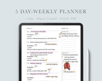 Planejador semanal de 5 dias para produtividade | Modelo digital para GoodNote, Notability e Xodo | PDF preenchível | Download instantâneo