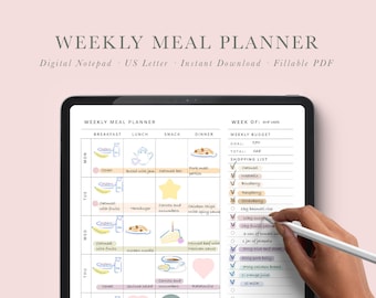 Digital Weekly Meal Planner on a budget | Meal planner with grocery list | Meal Plan for a week with snack | Meal plan template | US Letter