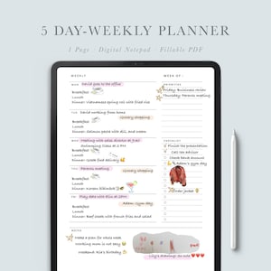 May include: A digital weekly planner with a light blue background and a white border. The planner has a section for each day of the week, with space for notes, priorities, and a checklist. The planner also includes a section for notes and a cute drawing of a flower.