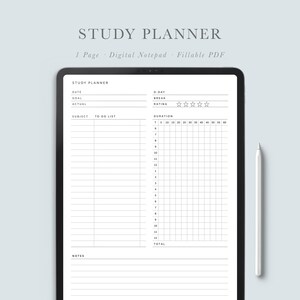 May include: A black and white digital study planner with a grid for tracking study time. The planner includes sections for date, goal, actual, subject, to do list, D-day, break, rating, duration, notes, and total. The planner is designed for use on a tablet or computer.