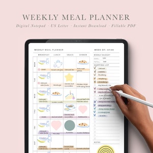 Pode incluir: Um planificador de refeições semanal digital na tela de um tablet. O planificador é dividido em seções para o café da manhã, almoço, lanche e jantar. Cada dia da semana é listado com uma caixa de seleção para cada refeição. O planificador também inclui uma seção para um orçamento semanal e uma lista de compras. O texto "Obrigado" está em um círculo amarelo com um arco-íris.