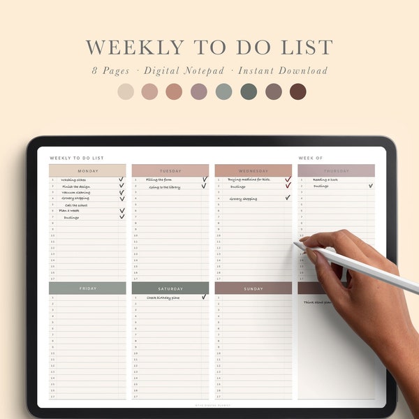 Digital Weekly To do list for iPad and Tablet | A Week on a page | Week at A Glance for Digital use | Instant Download | US Letter size