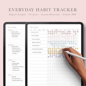 May include: A digital planner featuring a habit tracker for each month of the year. The planner is designed to help users track their daily habits and progress. The planner is in a digital format and can be downloaded and filled out on a computer or tablet.