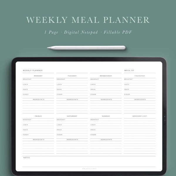Weekly Meal Planner with Grocery list | Meal Plan for a Week | Meal Planner with Snack | Digital NotePad | GoodNotes5 | Notability| Fillable