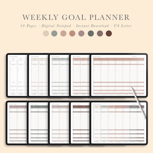 Digital Weekly Goal Planner with schedule  | 7 Day Weekly Goal Planner | Week on One Page | GoodNotes | Notability | Noteshelf | US Letter