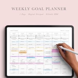 Wöchentlicher Zielplaner mit Zeitplan | 7 Tage Wochenplan | Woche auf einer Seite | GoodNotes | Bekanntheit | Ausfüllbare PDF | Druckbare Vorlagen