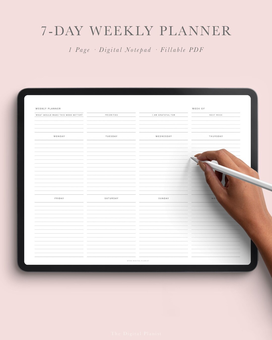 Week on One Page With Note | 7-day Weekly Planner for iPad and Tablet ...