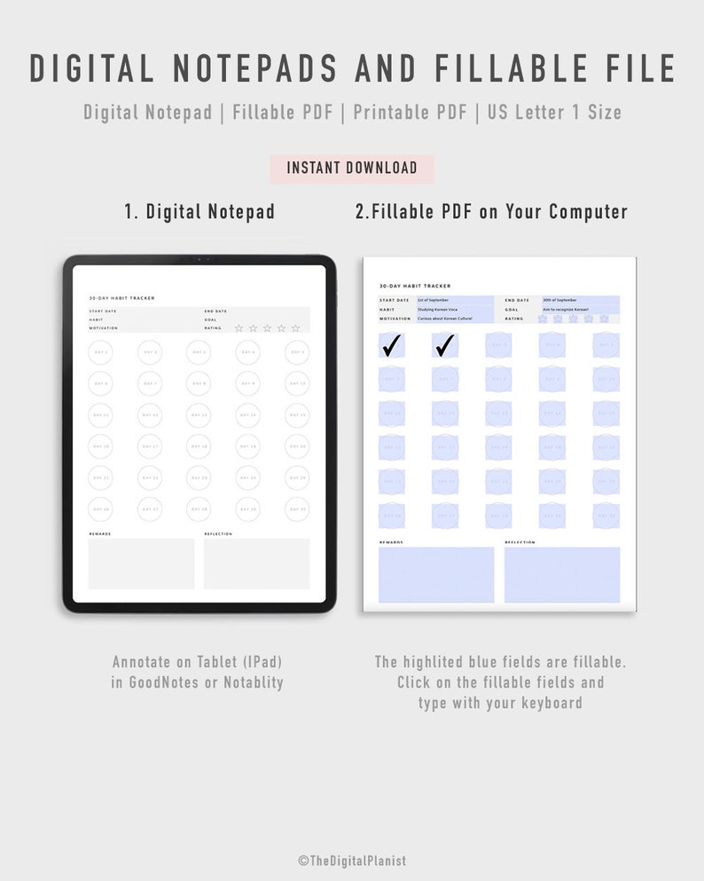 30-day Habit Tracker for Goodnotes, Notability, and Xodo | Goal Tracker ...