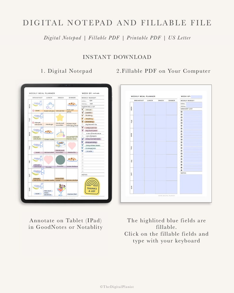 Digital Weekly Meal Planner on a budget Meal planner with grocery list Meal Plan for a week with snack Meal plan template US Letter image 3