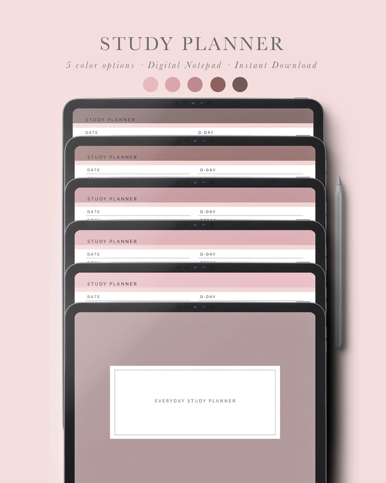 May include: A digital study planner with five color options. The planner has a simple design with the words "STUDY PLANNER" and "DATE" at the top of each page. The planner also includes a section for "D-DAY".