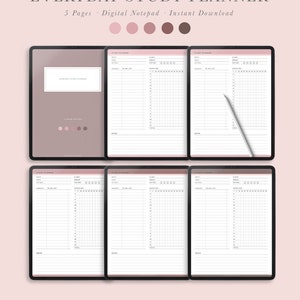 May include: A digital study planner with five pages. The planner has a pink and white color scheme and includes sections for daily tasks, to-do lists, and notes. The planner is designed for students and features a grid layout for scheduling and tracking progress.