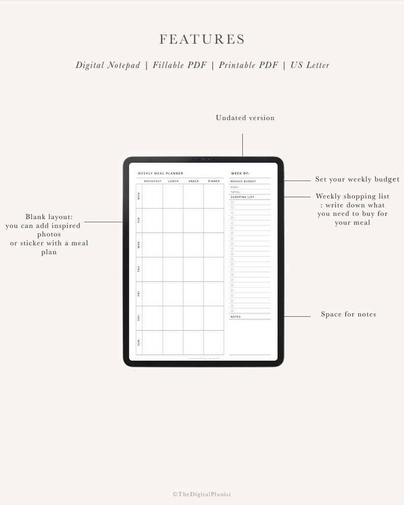 Digital Weekly Meal Planner on a budget Meal planner with grocery list Meal Plan for a week with snack Meal plan template US Letter image 2