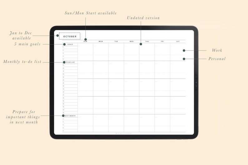Digital Monthly Productivity Planner for Work and Life Month at a