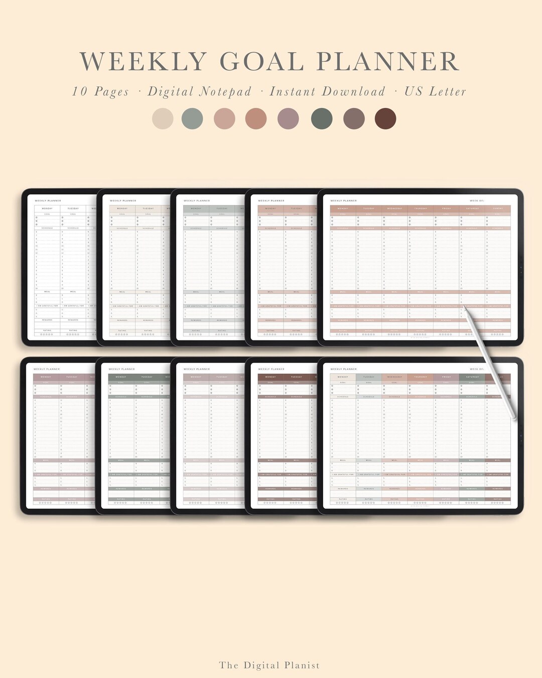 Digital Weekly Goal Planner With Schedule | 7 Day Weekly Goal Planner ...