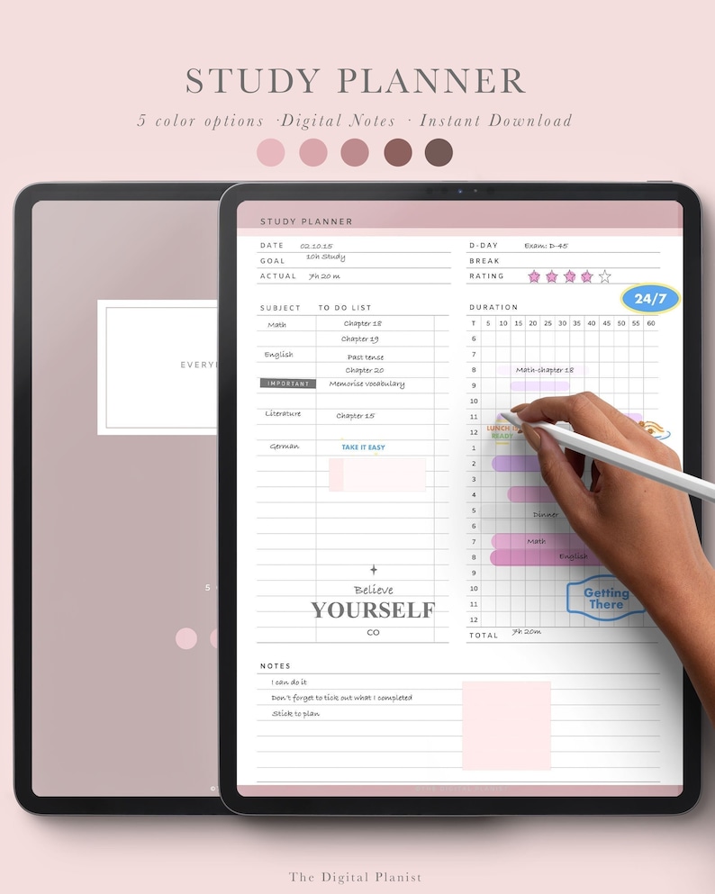 May include: A digital study planner on a tablet screen with a pink and white color scheme. The planner includes sections for date, goal, actual, subject, to do list, duration, notes, and total time. The planner also includes a motivational quote: "Believe Yourself".