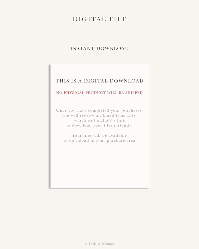 May include: A digital download notice with the text "This is a digital download. No physical product will be shipped."  The text explains that after purchasing, a link to download the files will be sent to the buyer's email address.