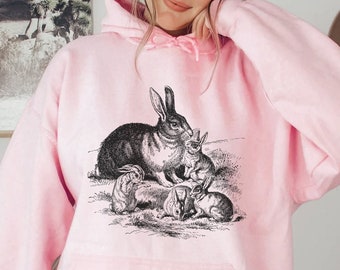 Vintage Rabbit Hoodie - Cottagecore Hoodie Rabbit Lover Gift Lucky Rabbit Sweatshirt Year of the Rabbit Clothes Farm Hoodie Pet Hoodie