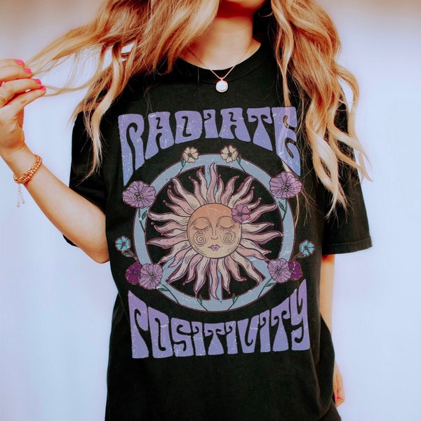 Radiate Positivity Shirt Rave Festival Boho Hippie Clothes Witchy Clothing Retro 70s Shirt Oversize Tee Dress Grungy Top Celestial Sun Moon