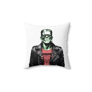 Frankenstein Ramones Square Pillow, Punk Rock Decorative Cushion, Spun Polyester Pillowcase, Alternative Home Accent, Halloween Bedroom