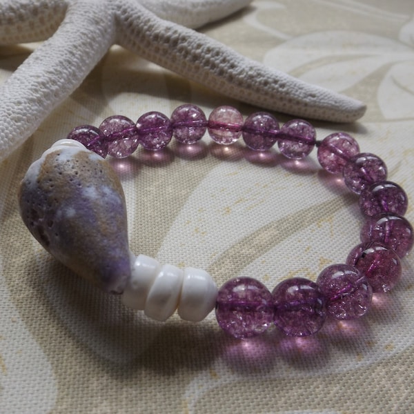 Amethyst Purple Beads, white Puka Shells, Purple Cone Shell, Unique, One of a Kind, Hawaiian Bracelet