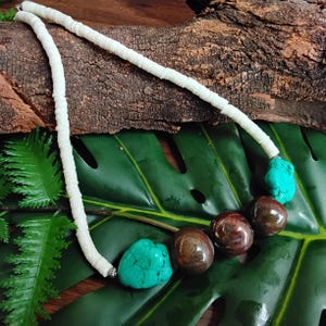 Raku and Turquois Beads, White Seashells Strand, Hawaiian Necklace