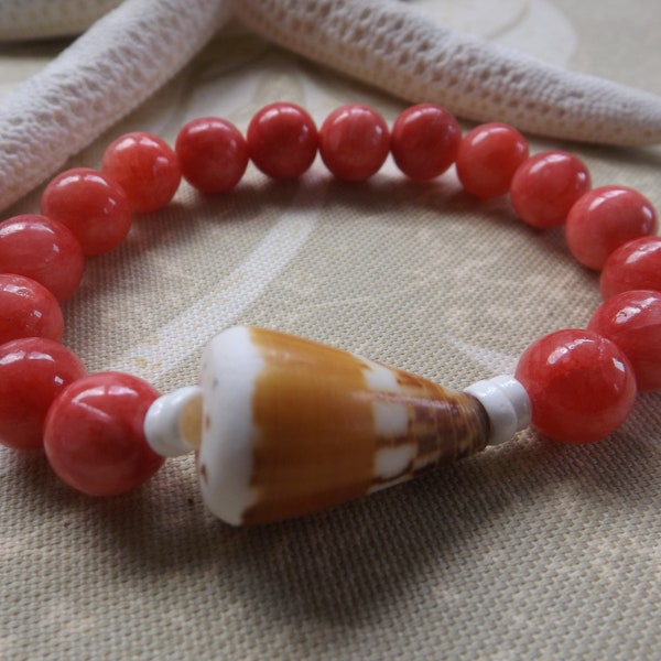 Orange Coral Beads, Orange Cone Shell, Hawaiian Bracelet, Unique One of a Kind Hawaiian Jewelry