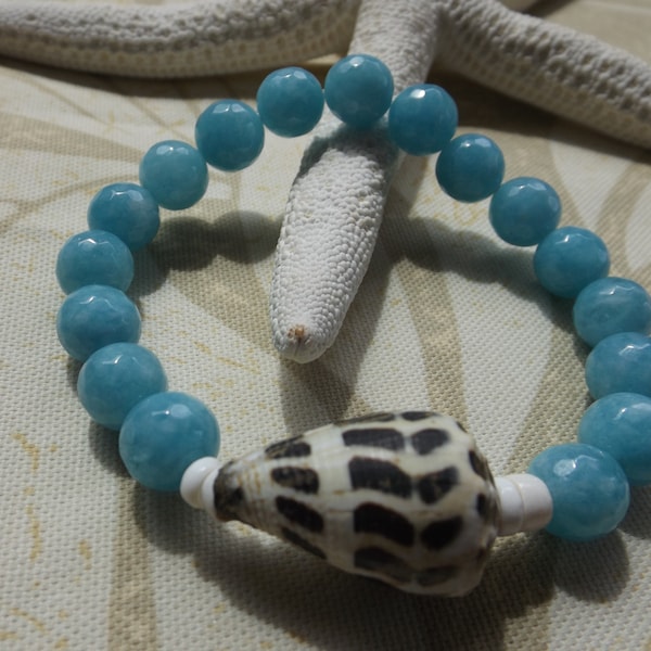 Blue Agate Beads, White Puka Shells, Cone Shell Hawaii, Hawaiian Bracelet, Unique, One of a Kind