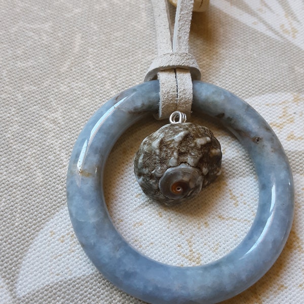 Jade Enso Circle with Shell & Leather Thong Necklace, NEW