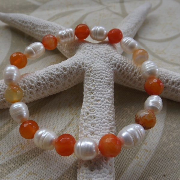 Orange Agates, White Pearls, Hawaiian Surfer Beachy Bracelet Jewelry, One of a Kind, Unique Style