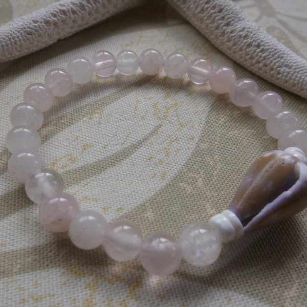 Pink Quartz Beads, White Puka Shells, Cone Shell, Hawaiian Bracelet, Unique, One of a Kind