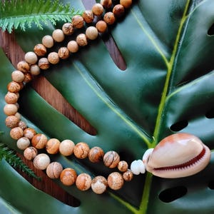 Cowrie (leho) Shell, Puka Shells, Picture Jasper Beads, Hawaiian Necklace