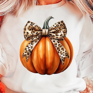May include: White sweatshirt with a graphic of an orange pumpkin with a brown leopard print bow.