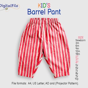Puede incluir: Pantalones tipo barril con rayas verticales rojas y blancas y cintura elástica. El texto dice: ShDigitalFile, KID'S Barrel Pant, y una lista de tallas de Newborn a 10y. Formatos de archivo: A4, US Letter, AO y Projector Pattern.