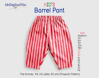 Patrón de costura para pantalones de barril para niños pequeños, pantalones anchos unisex, ropa moderna para niños.