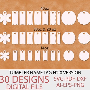 Etiqueta de identificação do copo SVG Arquivo H2.0 Versão Placa de identificação SVG Arquivo Etiqueta de identificação da tampa do copo 40oz 30oz 20oz 14 oz Arquivo de corte a laser Download digital
