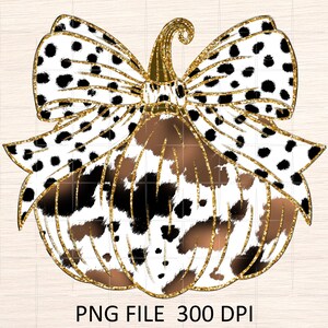 May include: A digital illustration of a pumpkin with a cowhide pattern in brown, black, and white. The pumpkin is adorned with a large bow featuring black polka dots on a white background. Gold glitter accents the bow and pumpkin outline. The text "PNG FILE 300 DPI" is at the bottom.