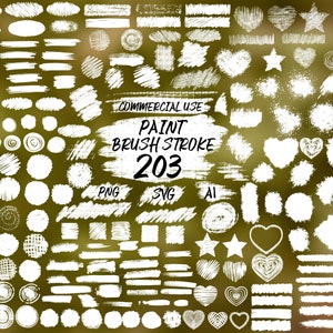 May include: A collection of 203 white paint brush strokes in various shapes and sizes, including circles, squares, stars, hearts, and lines. The strokes are on a green background with the text "PAINT BRUSH STROKE 203" in black.