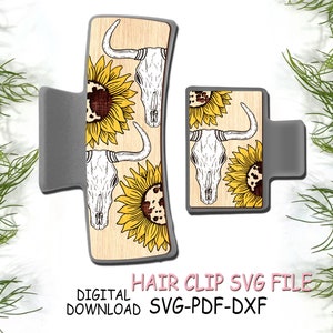 Motif occidental de crâne de vache, tournesol, pince à cheveux, fichier SVG gravé, découpé au laser, conception de pince à cheveux, fichier SVG, téléchargement numérique, usage commercial