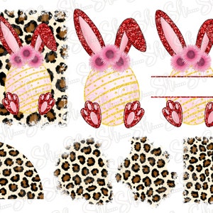 Può includere: Un set di clipart digitale con un coniglio rosa e oro glitter con una corona di fiori. Il coniglio tiene un uovo a strisce oro e bianco. Il set include anche quattro sfondi con stampa leopardata.