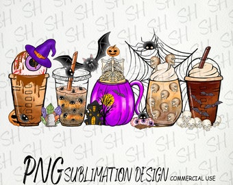 Halloween coffee png pumpkin iced warm coffee hand drew Halloween coffee sublimation Commercial Use
