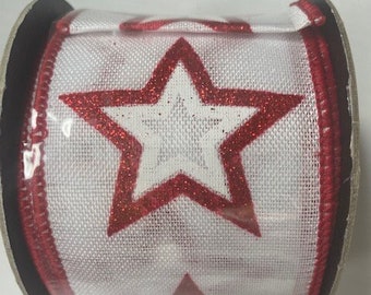 D. Stevens 2.5"x10yds of Linen Double Red and White Glitter Star Ribbon