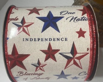 D. Stevens 4"x10yds canvas Fourth of July, bandana backing, natural-red ribbon.  Designer ribbon.