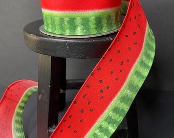 Watermelon Ribbon in red and green with black seeds.  2.5”x10yds/wired.  Summer, Wreath ribbon, Bow, Watermelon Wreath