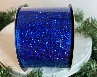 2.5”x10yds D Stevens Christmas Ribbon - Royal Blue Glitter Ribbon - Wired - Gorgeous - Luxe