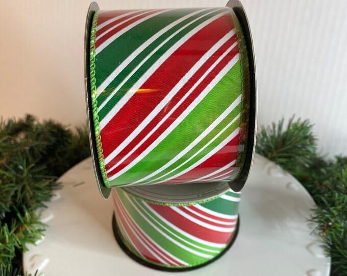 2.5”x10yds D. Stevens Christmas Ribbon - Satin Red, Green, and White Stripe Candy Cane Ribbon - Wired - Holiday Ribbon