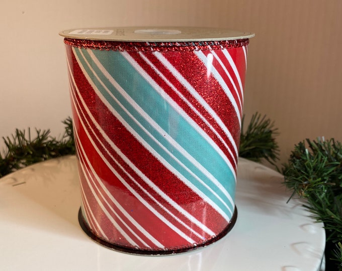4”x10yds D. Stevens Christmas Ribbon - Satin Red Glitter, Blue and White Stripe Candy Cane Ribbon - Wired- Holiday Ribbon - Fun & Festive